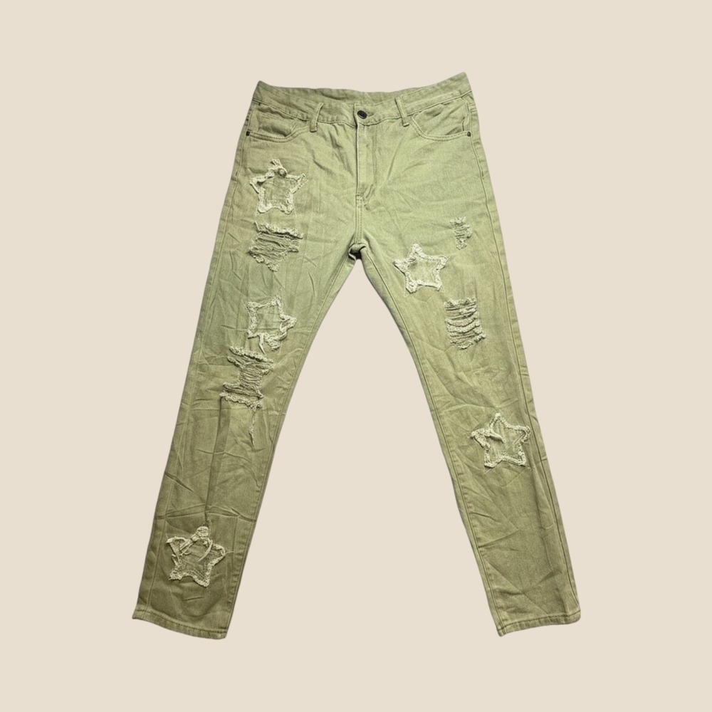 Mens Jeans 34x29 Streetwear Olive Green Distressed Star Patchwork Grunge Y2K